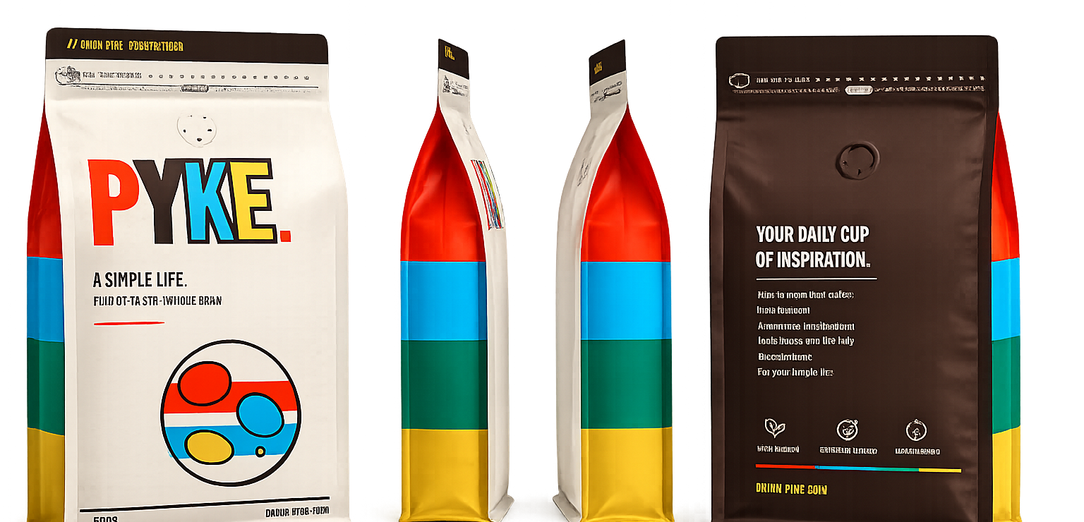 PYKE coffee bag — four views: front face with bean mark, two coloured side gussets, and the ink back panel with manifesto and cert row