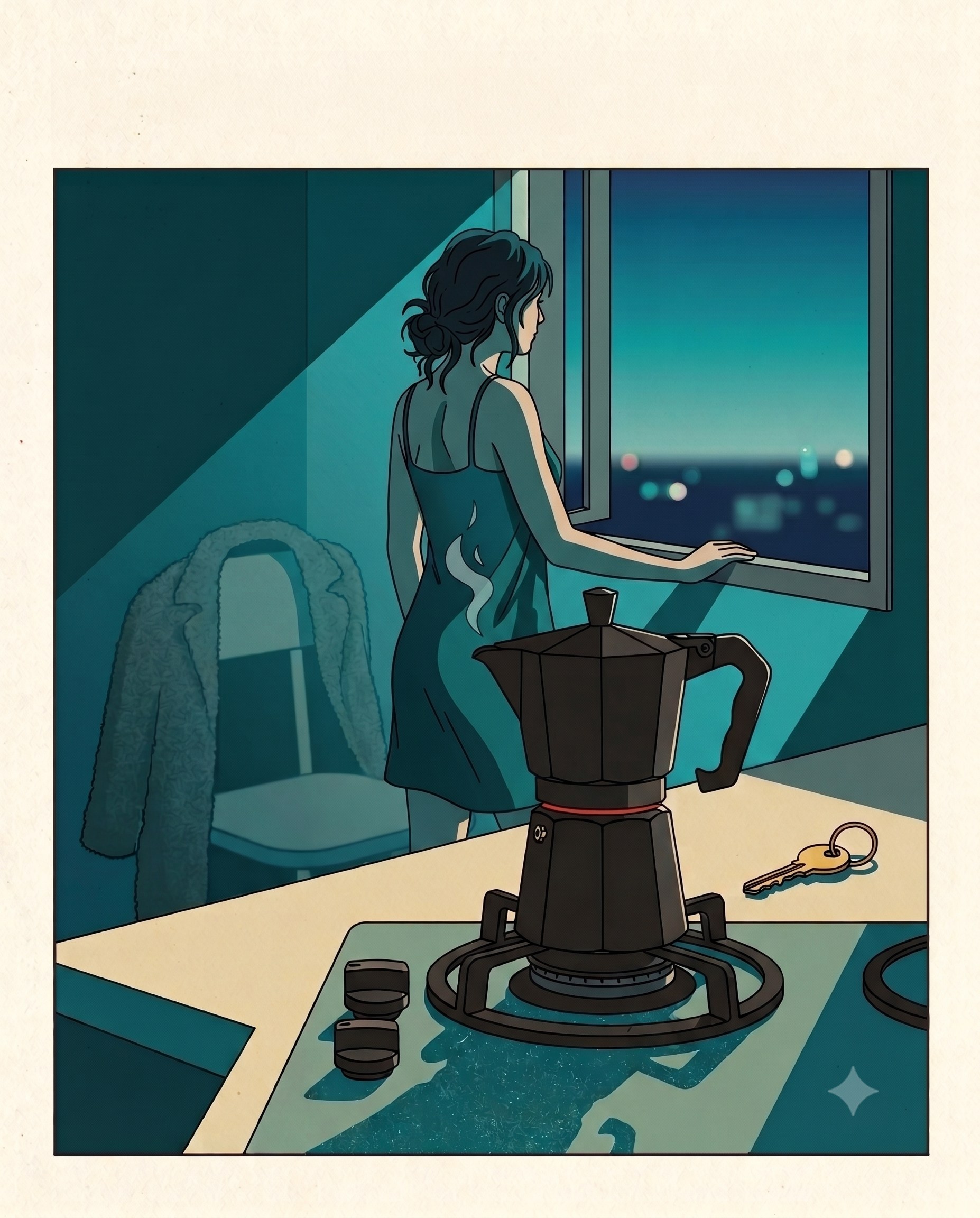A woman in a slip stands at a dawn window while a moka pot sits on the gas hob, coat draped over a chair, keys on the counter.