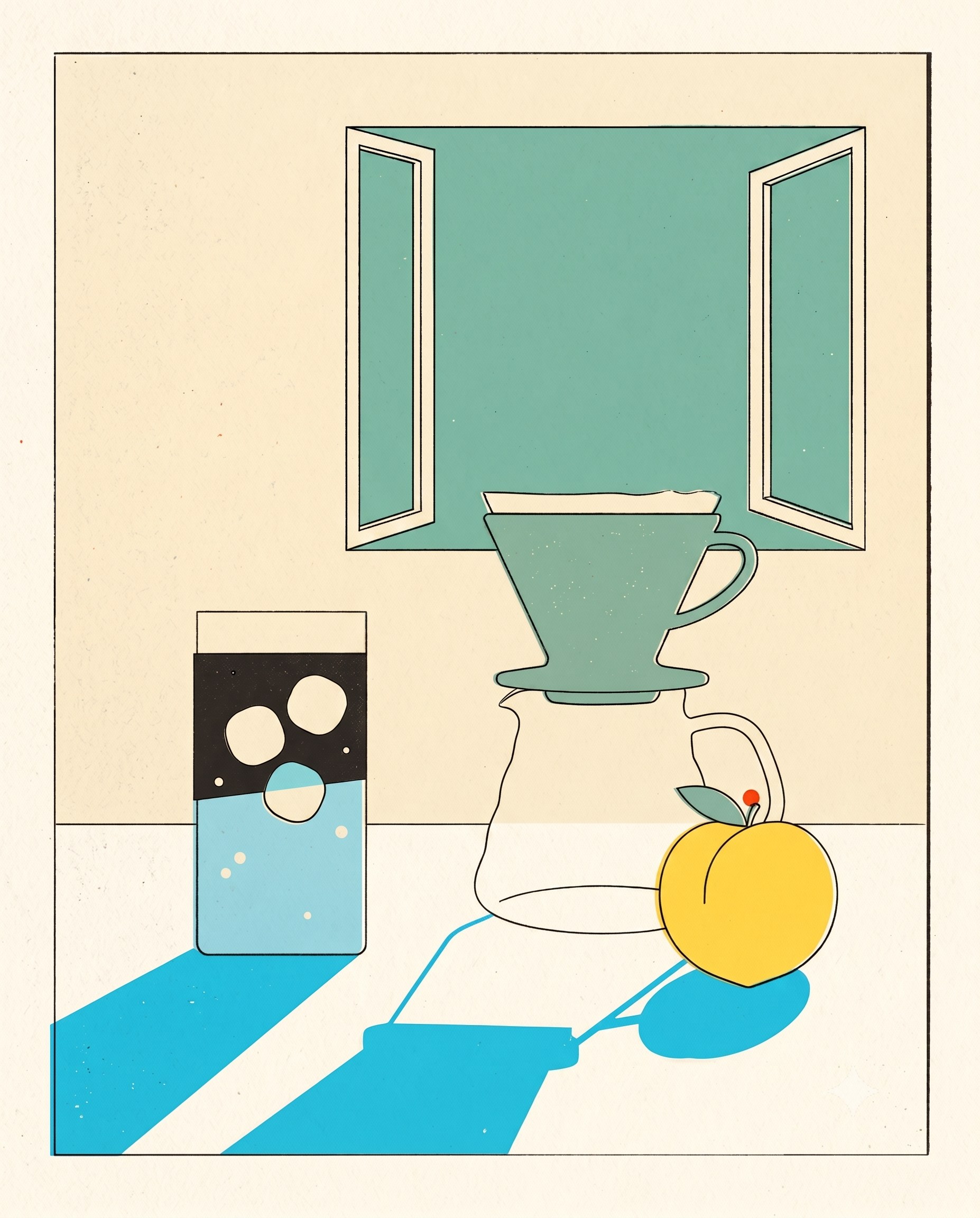 A still-life: pourover dripper on a chemex carafe by an open green window, a glass of water and a peach on the counter.