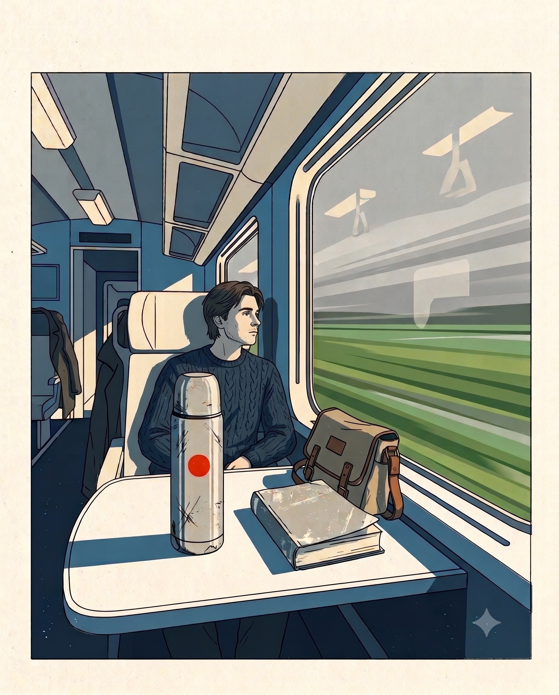 A man on an EU intercity train looking out the window at a green field, a steel thermos and messenger bag on the foldout tray.
