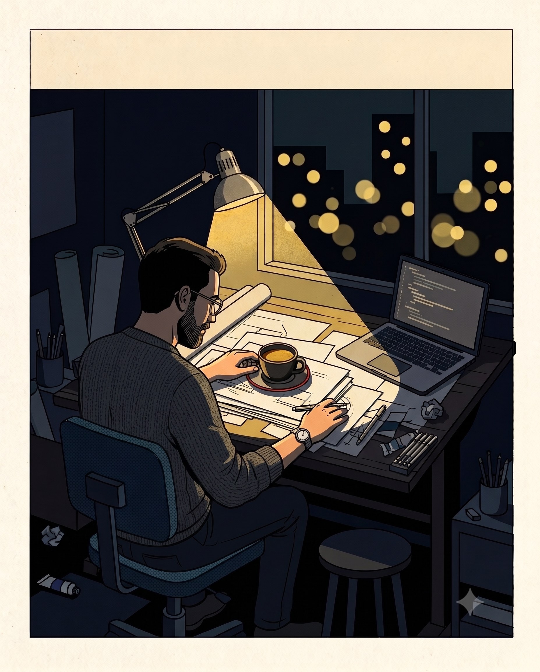 A man at a dark drafting desk drawing under a desk lamp, an espresso cup on the blueprints, a laptop with code beside him, city lights through the window.