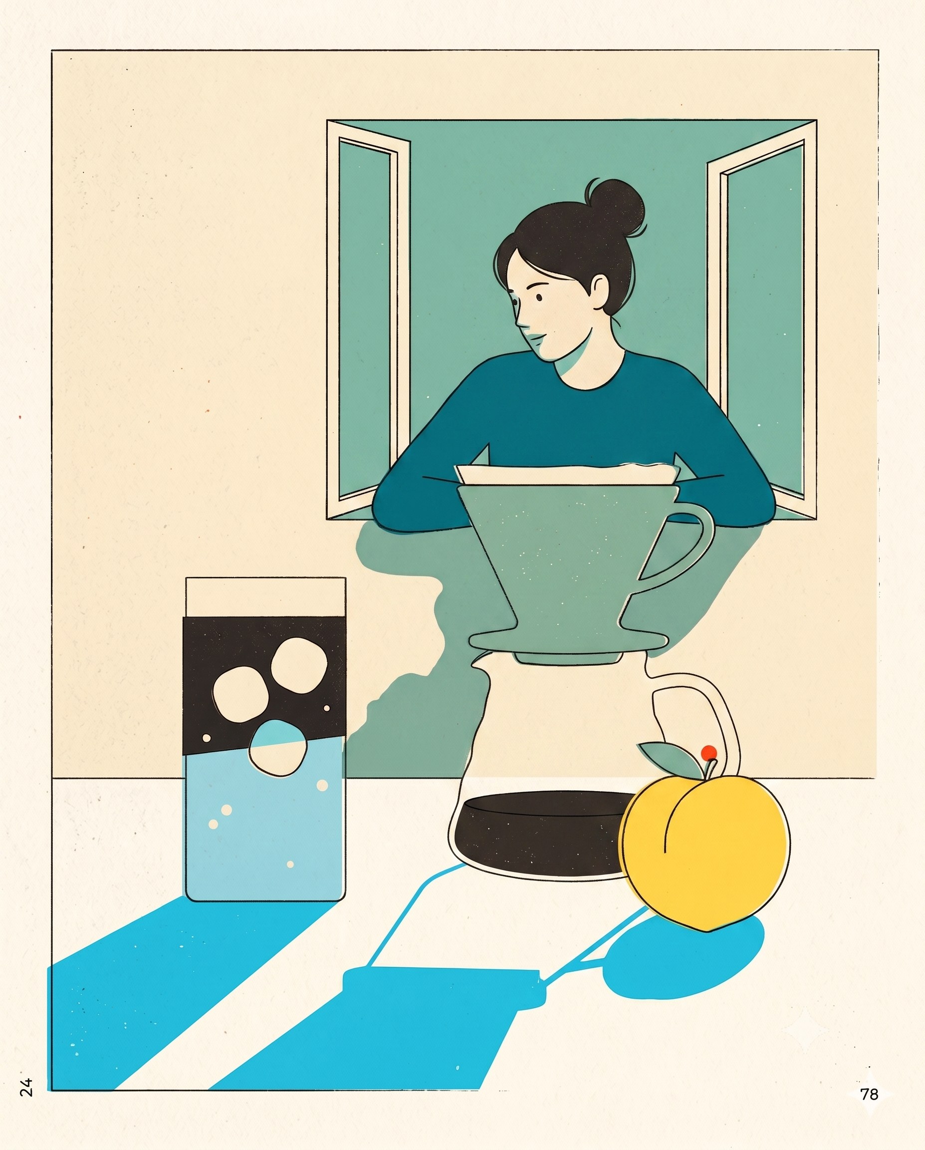 A young woman in a blue sweater behind a pourover dripper on a chemex carafe, open window, a glass of water and a peach on the counter.