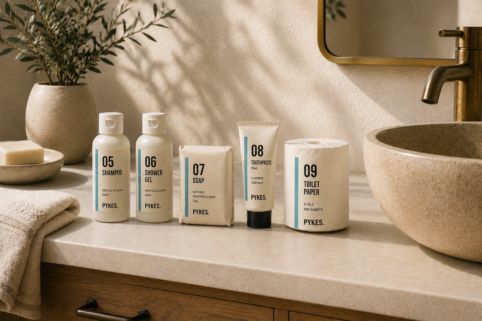 PYKES bathroom products on a stone vanity