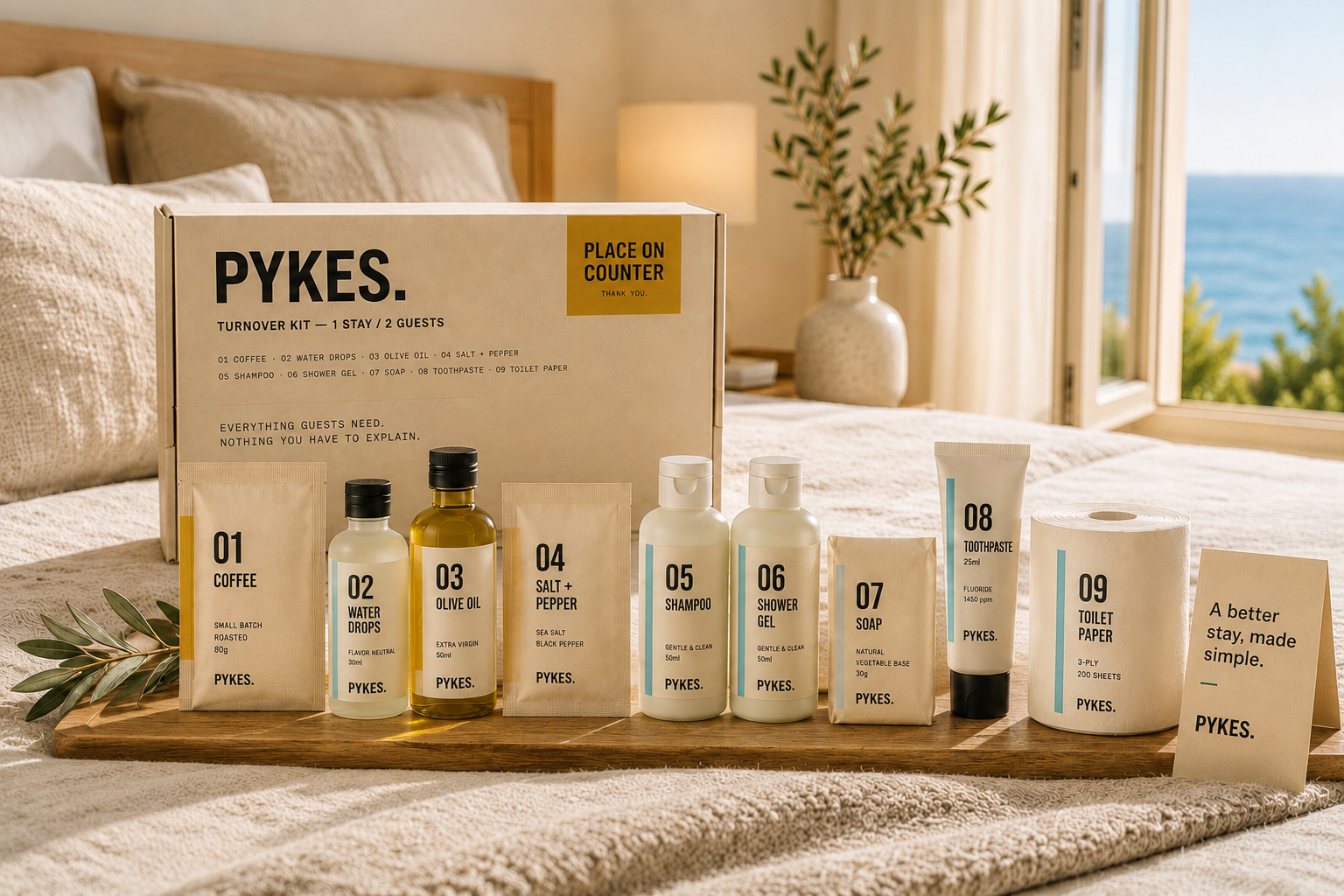 The PYKES turnover kit laid out in a seaside apartment bedroom