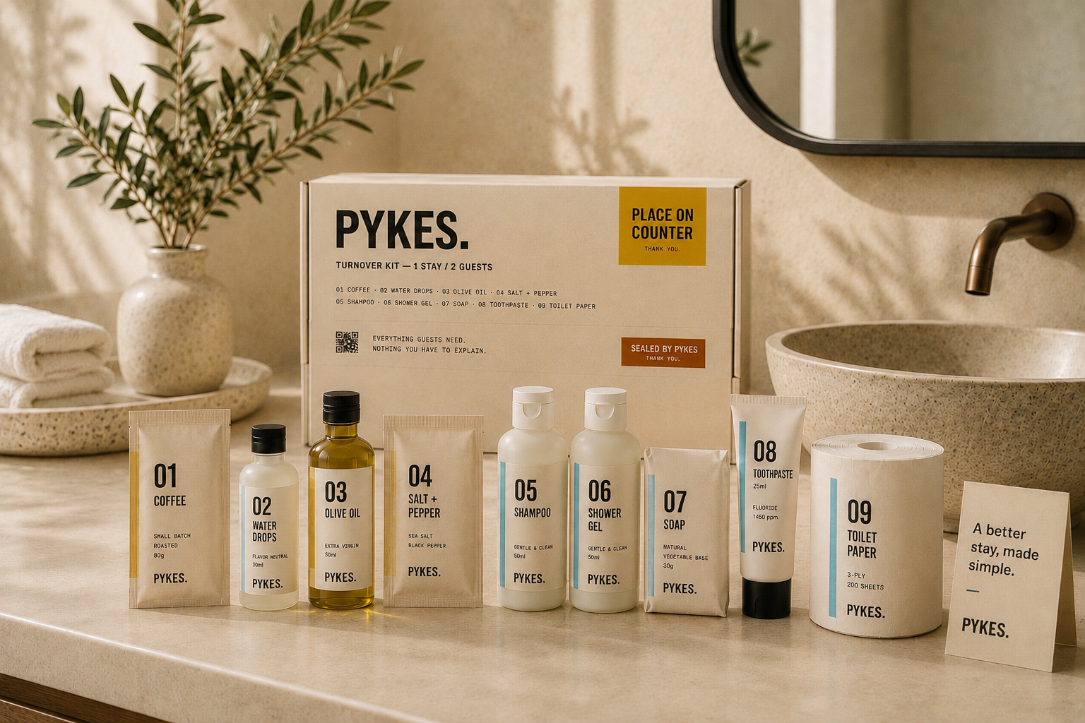 The PYKES kit arranged on a bathroom counter with sea light